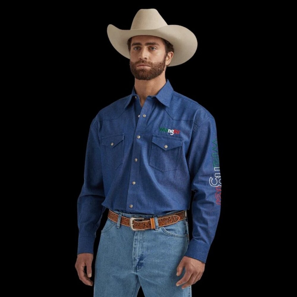 Wrangler Mens Logo Mexican Denim Western Snap Shirt - Picture 2 of 9